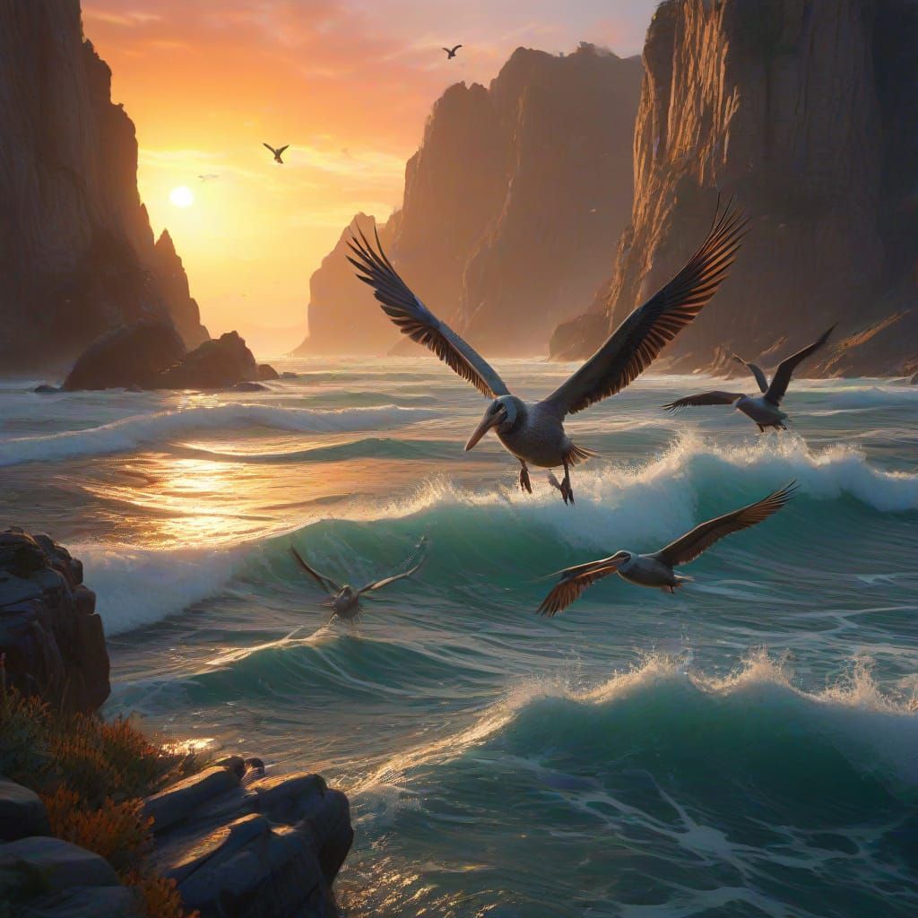Brown Pelicans Soar Over Rippling Ocean at Sunset