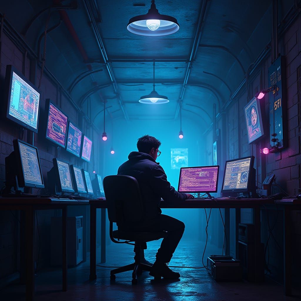 Cyberpunk Hacker in Underground Bunker by Syd Mead