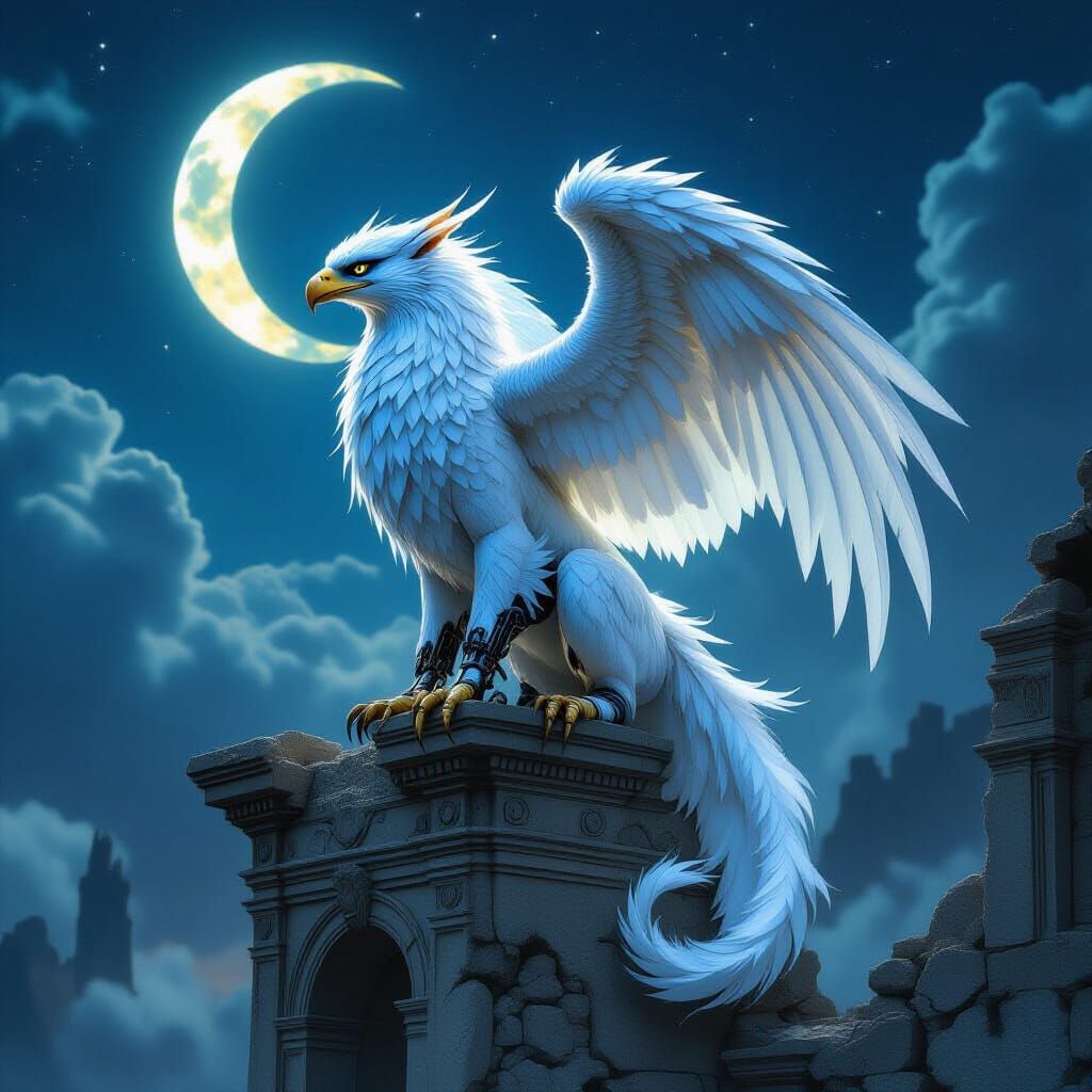 Iridescent Gryphon Perched on Ancient Ruins