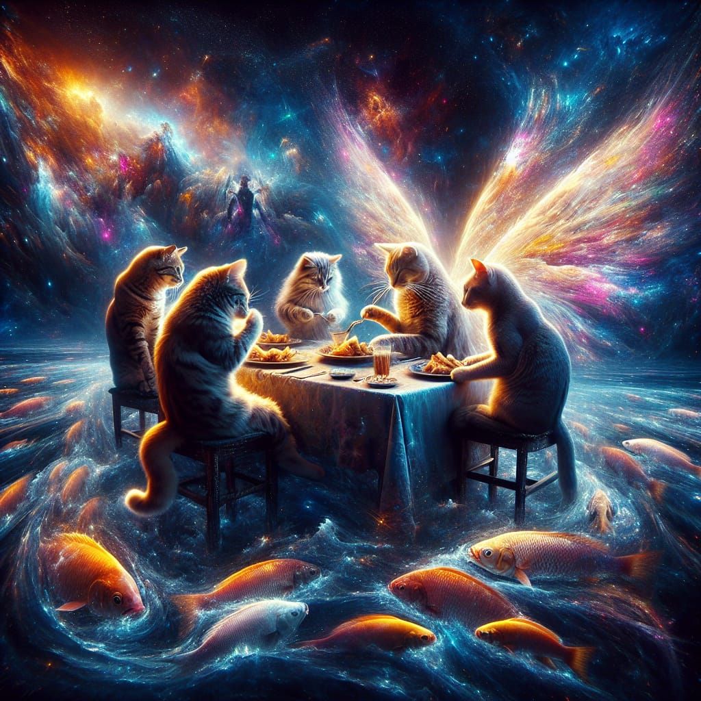 Surreal Cat Family Dinner in the Galaxy