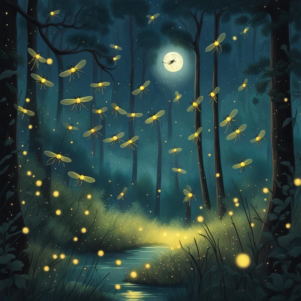 Fireflies Dance in Moonlit Night Illustration