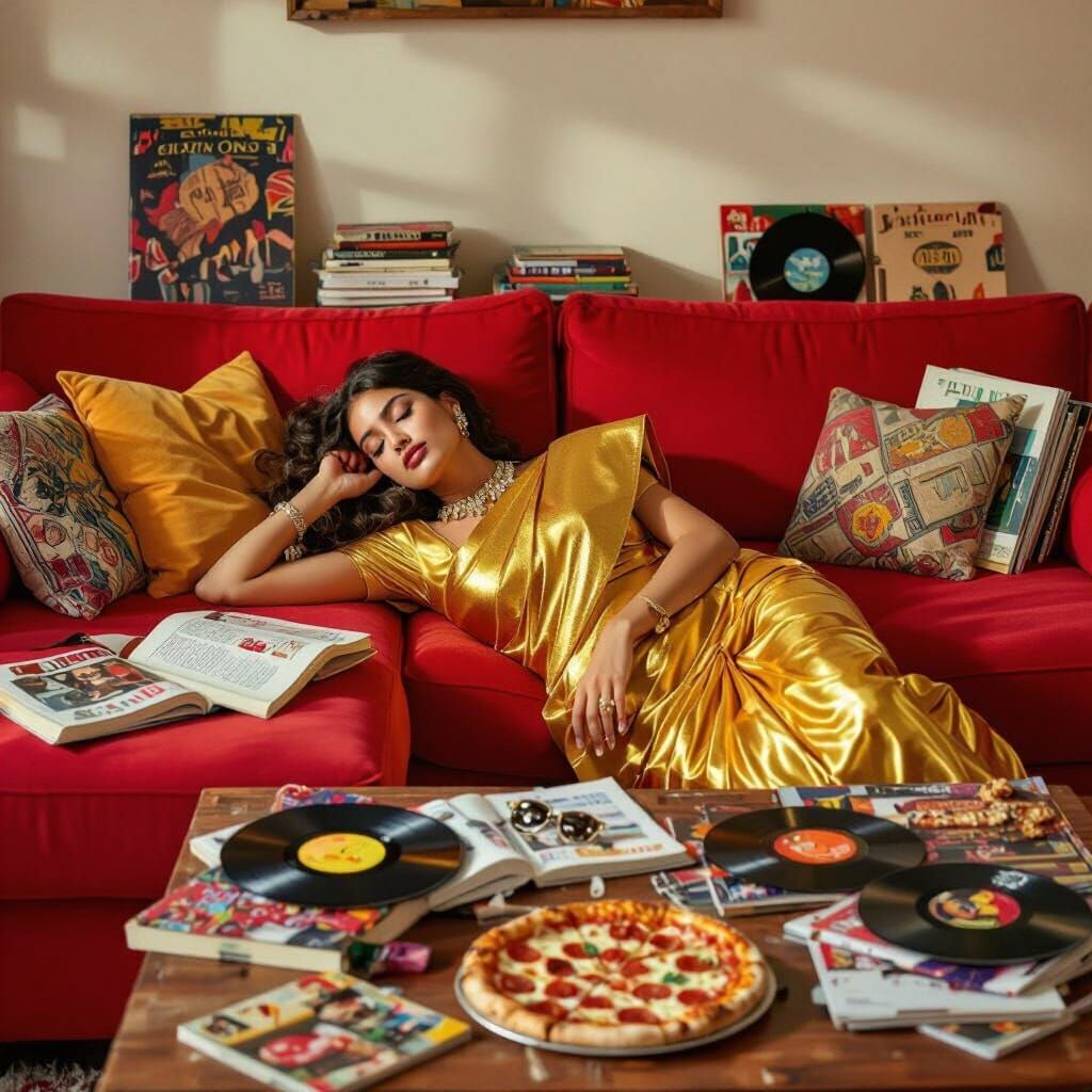 Woman in Golden Saree Asleep Amidst Creative Chaos