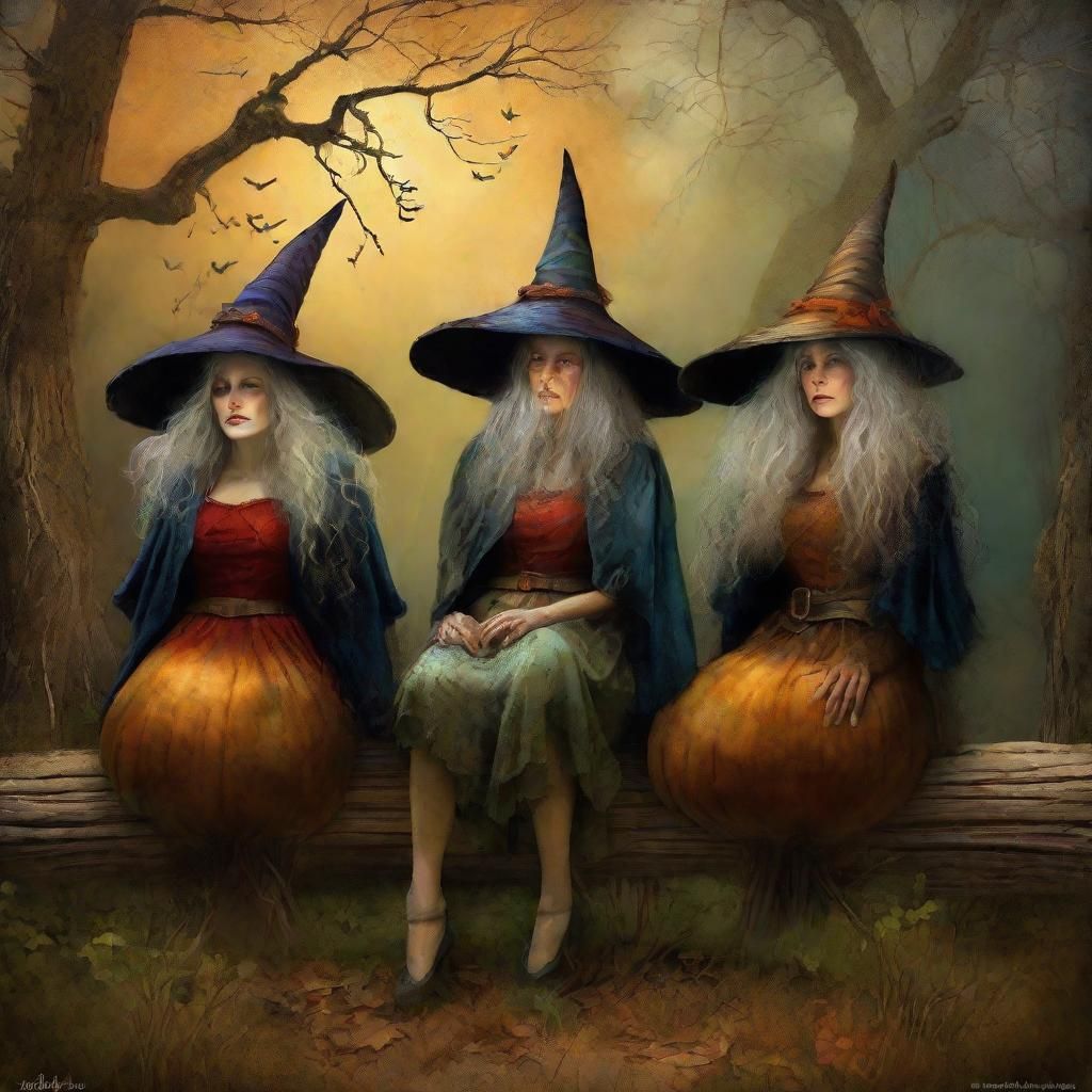 Whimsical Witches on a Fence in Fantasy Art Style