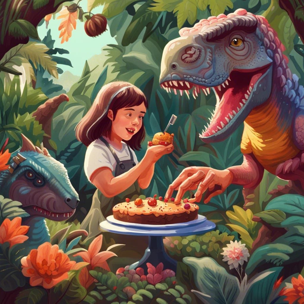 Girl Plays with Dinosaurs in Garden, Gouache Style