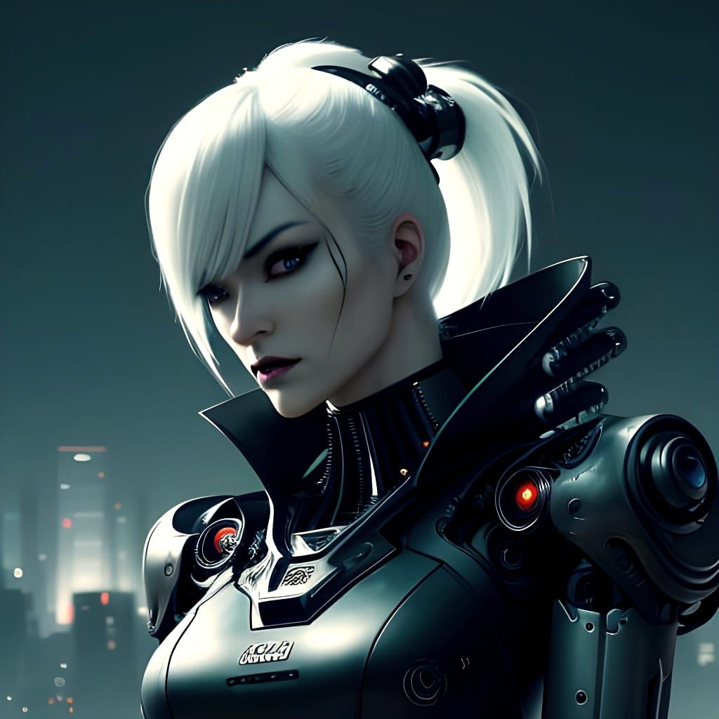 Gothic Pinup Cyborg with Porcelain Face in Cyberpunk Style