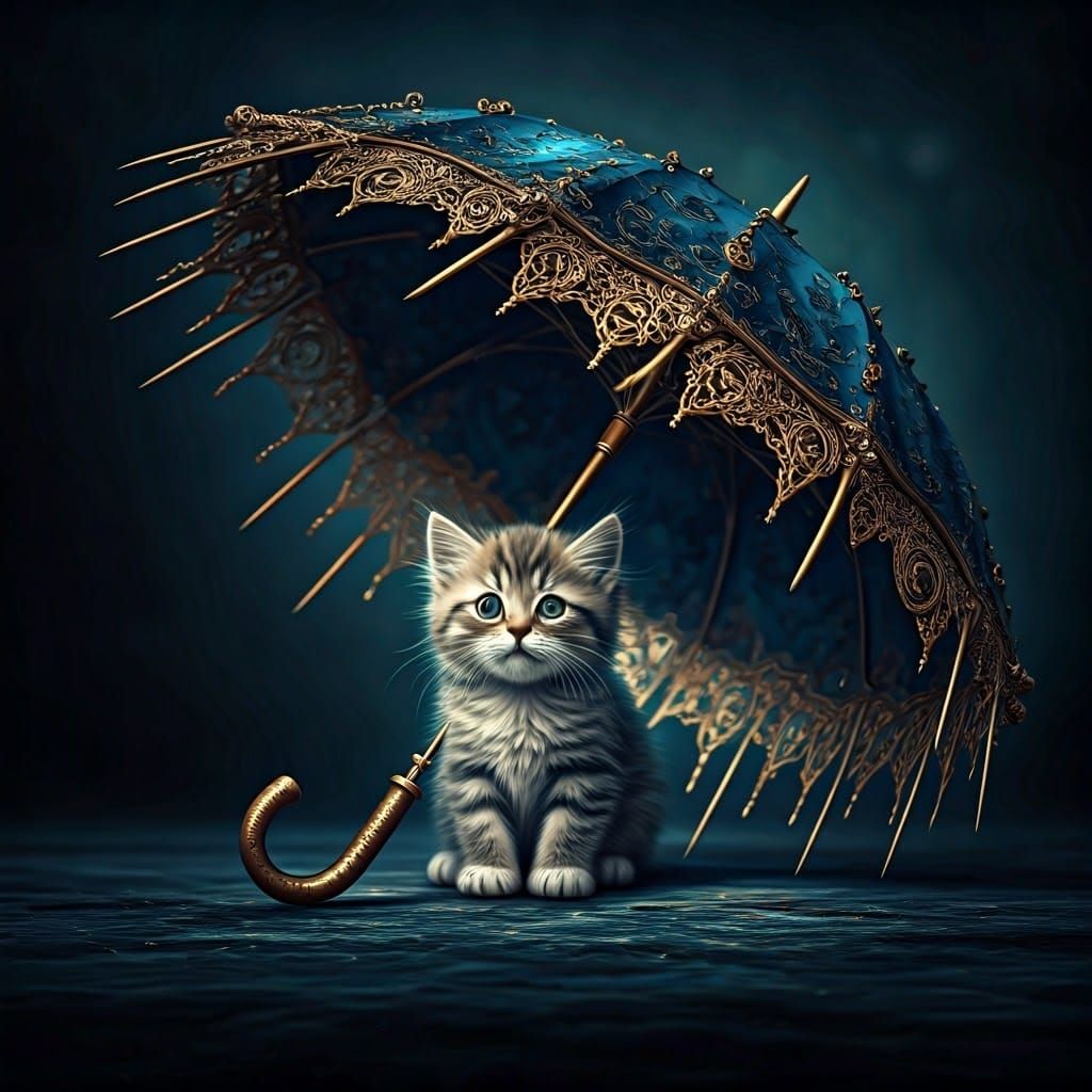 Steampunk Kitten Admires Majestic Velvet Umbrella