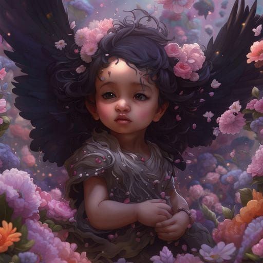 Adorable Baby Raven in Floral Anime Style