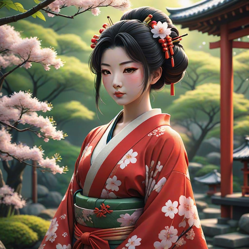 Vibrant Geisha in a Serene Japanese Garden