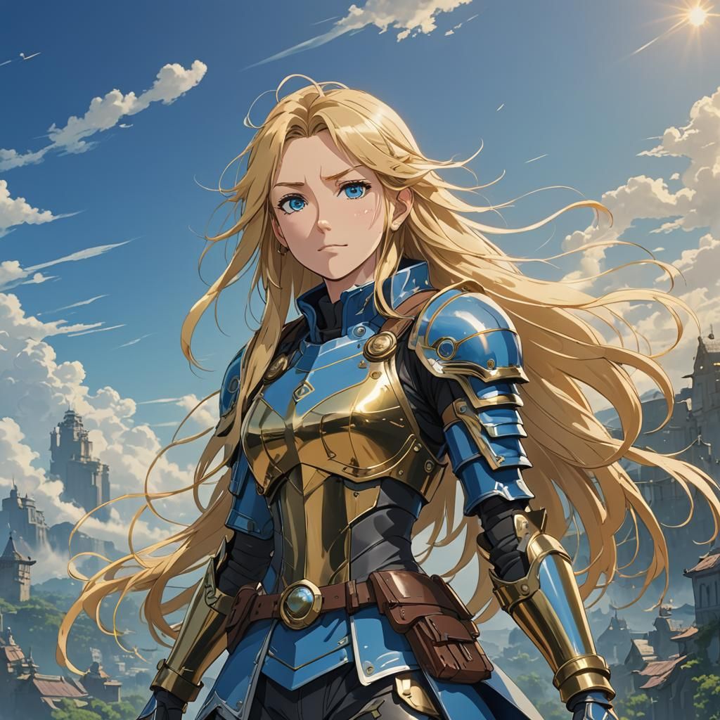 Anime Bounty Hunter with Blue Eyes and Gold Armor