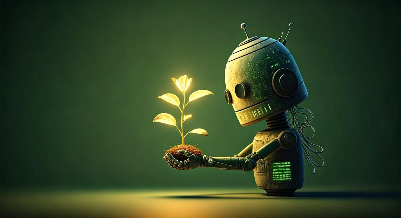 Robot Cradling Golden Sprout in Futuristic Forest