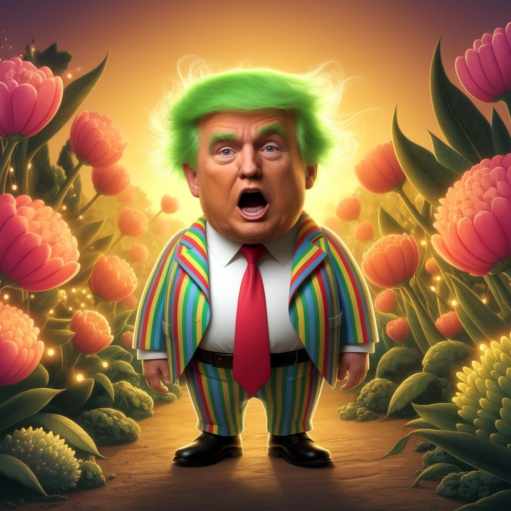 Donald Trump as Whimsical Oompa Loompa in Cartoon Garden