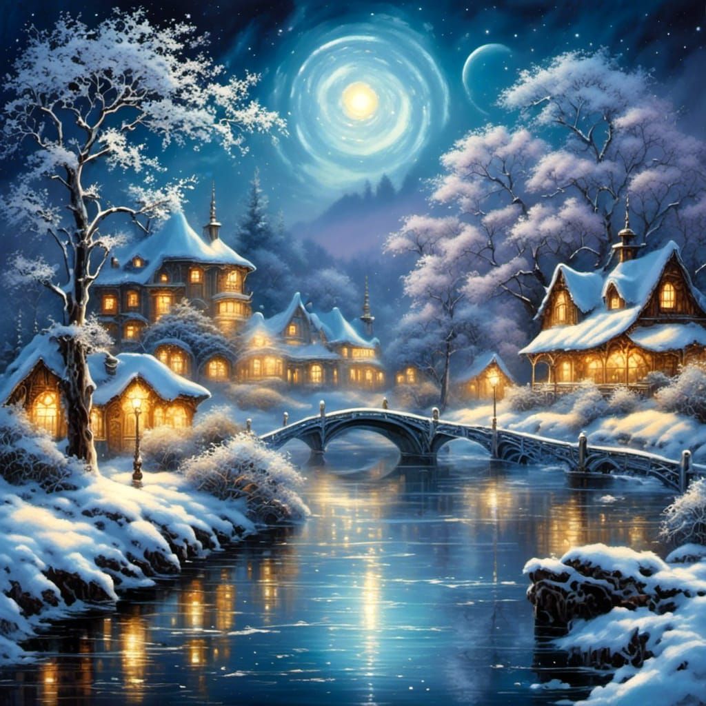 Moonlit Winter Riverscape Reflects Starry Night