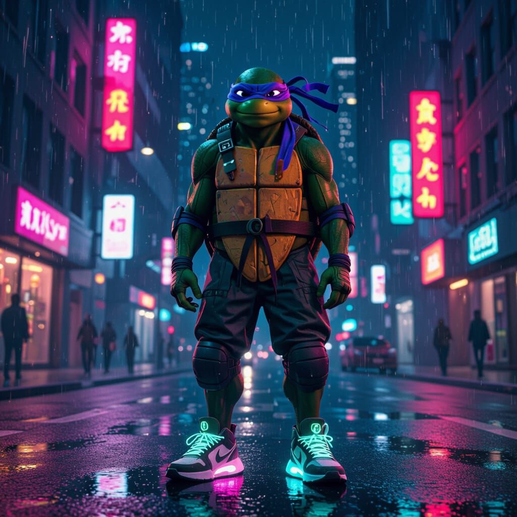 Ninja Turtle in Cityscape with Neon Lights
