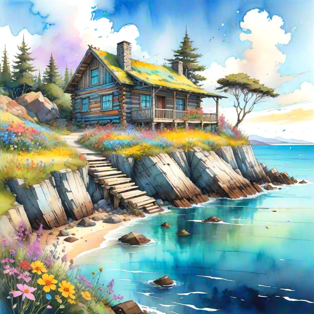 Coastal Log Cabin in Ghibli-esque Watercolor