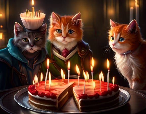 Cat birthday party, Kitten celebration with cake and ice cream and candles a masterpiece, 8k resolution, dark fantasy co...