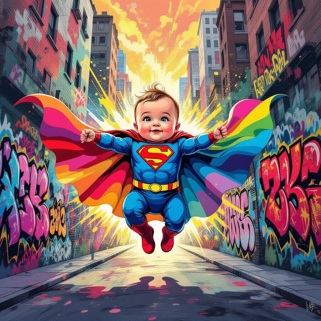 Baby Superhero with Vibrant Cape Amidst Graffiti Art