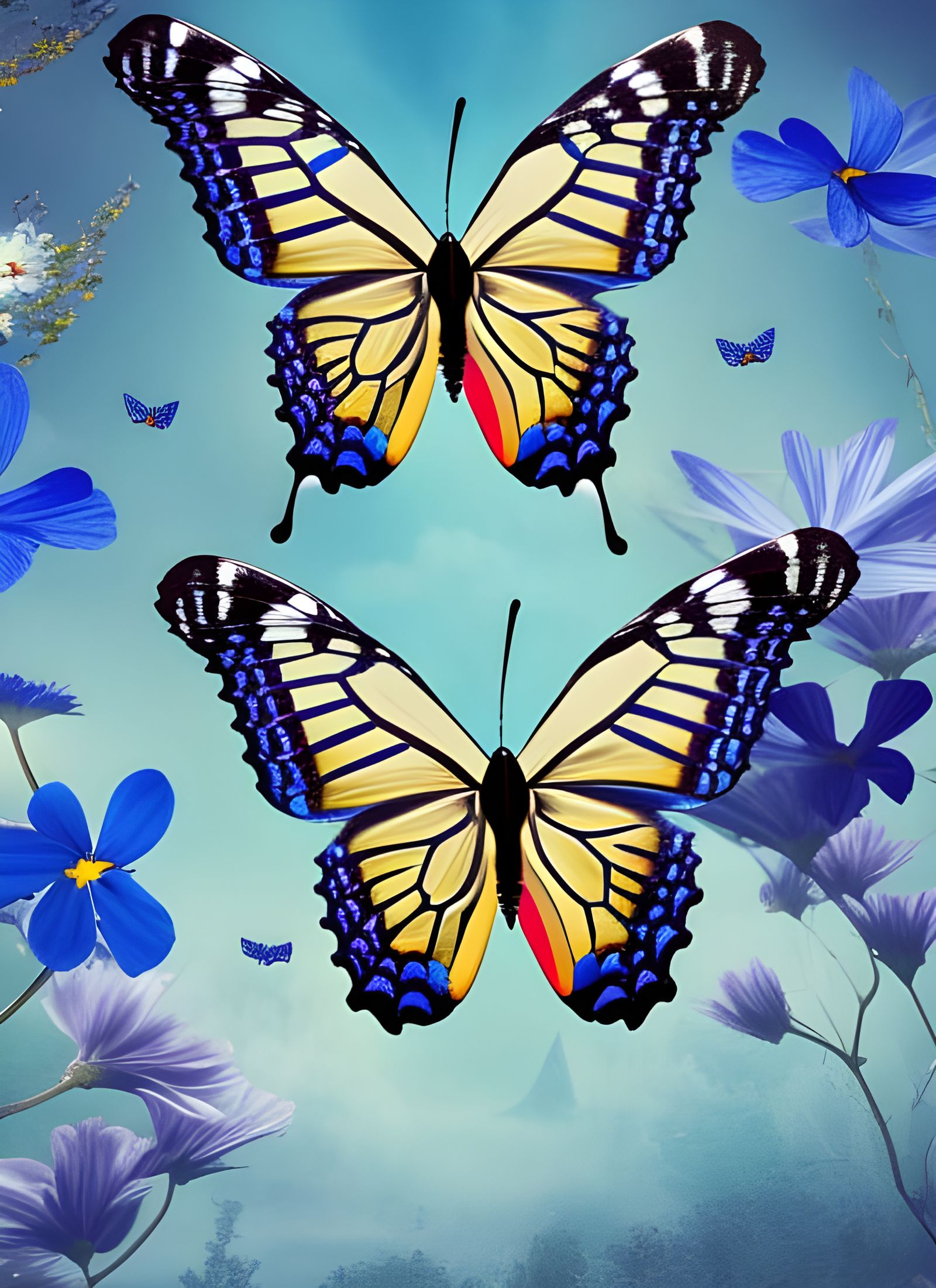 Colorful Butterfly in Blue Flower Garden