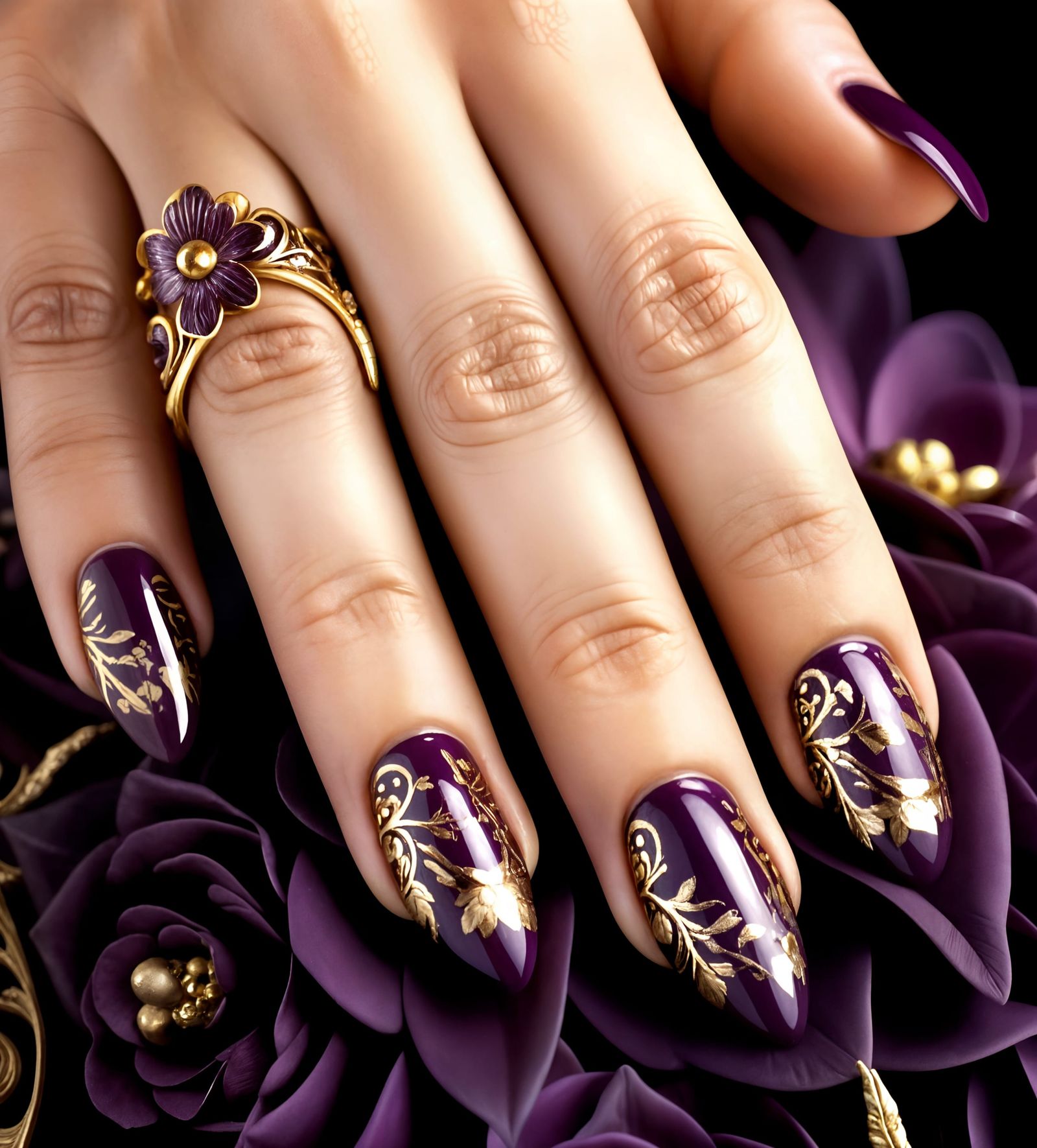 Elegant Woman's Hand in Art Nouveau Nail Art