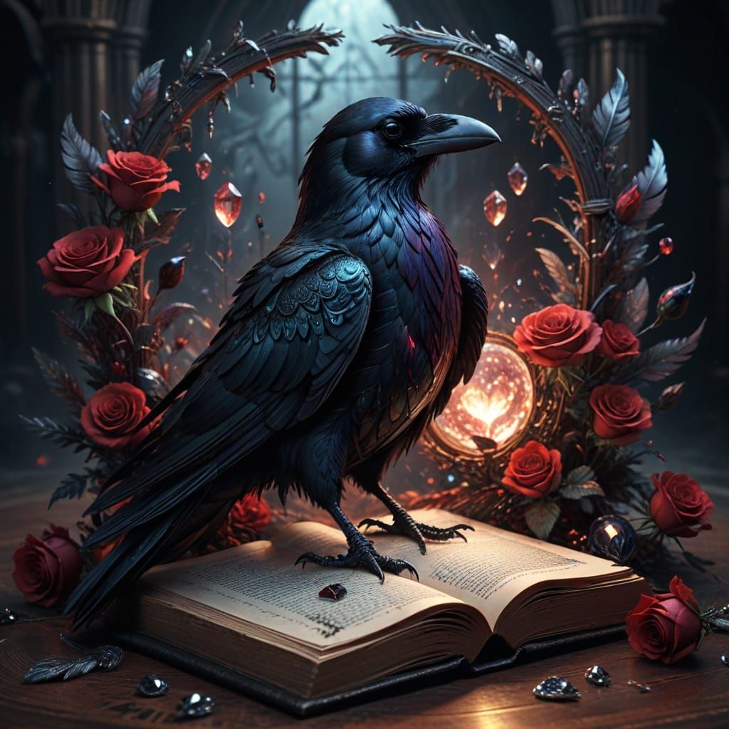 Gothic Raven and Crystal Heart Illustration