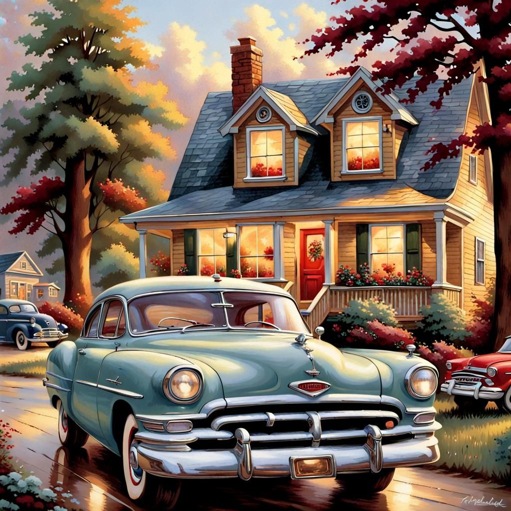 Nostalgic Retro Houses and Cars in Kinkade Style