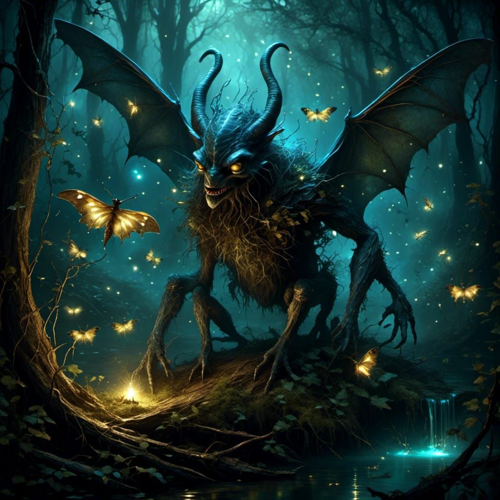 Dark Fantasy Moth Creature in Bioluminescent Forest