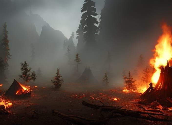 Mysterious Campfire Scene in Dark Forest