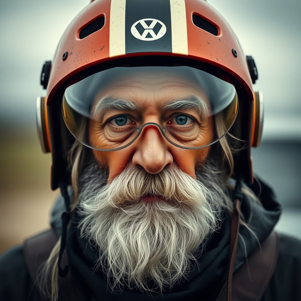 Cyberpunk Old Man in Helmet with VW Beetle Eyes