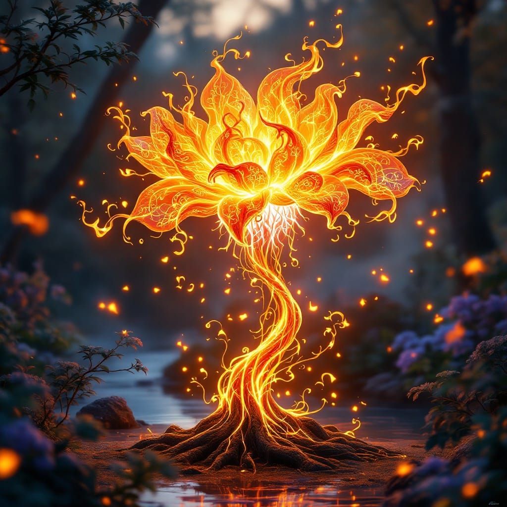 Fire Flower in Japanese Garden, Anime Style