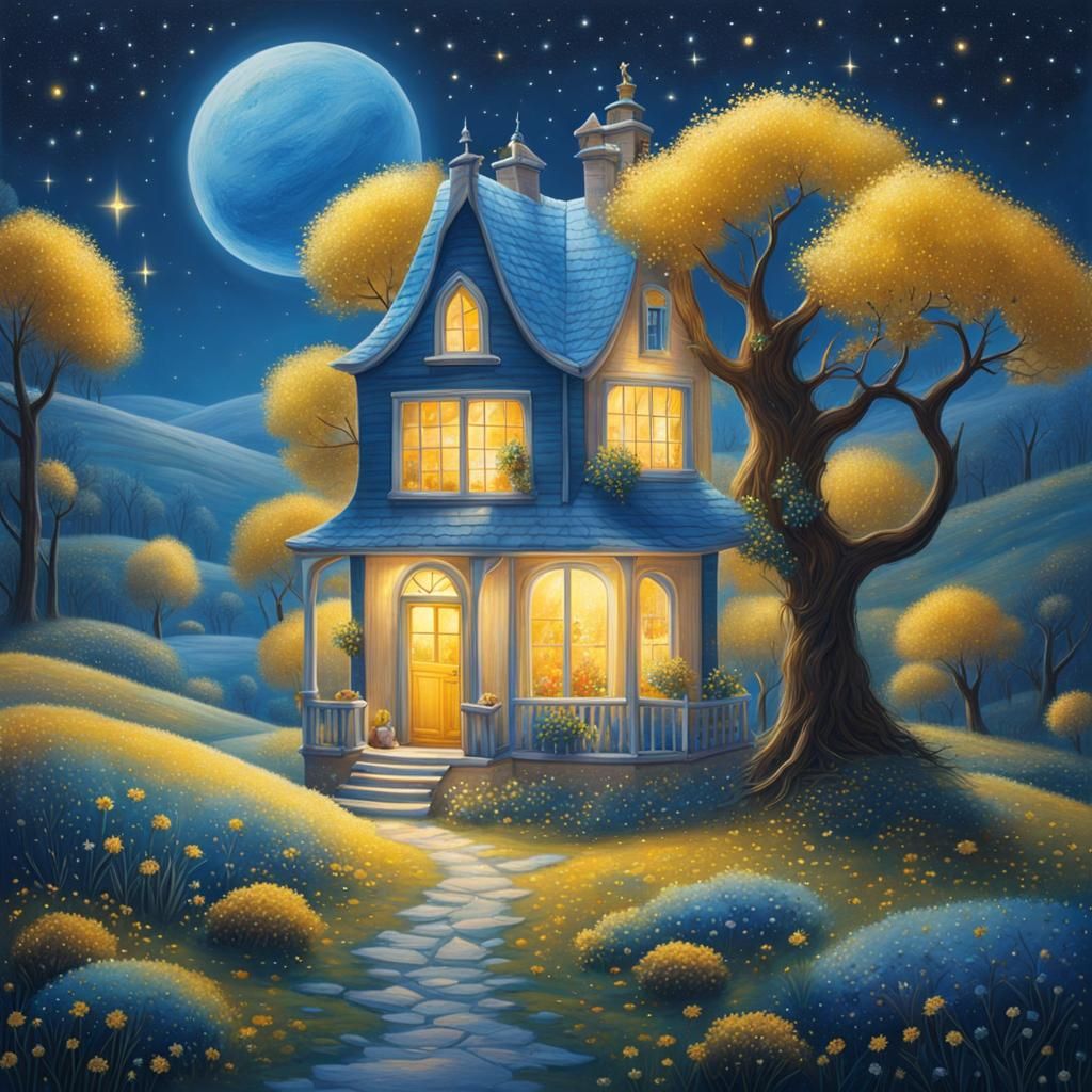 Harmonious Lunar Landscape in Art Brut Style