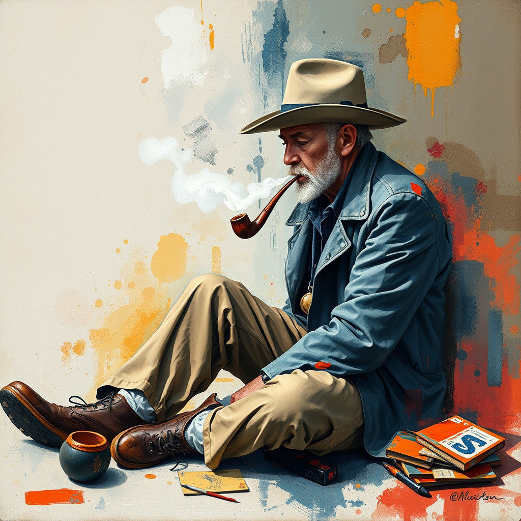 Artist Smoking Pipe in Abstract Expressionist Gouache