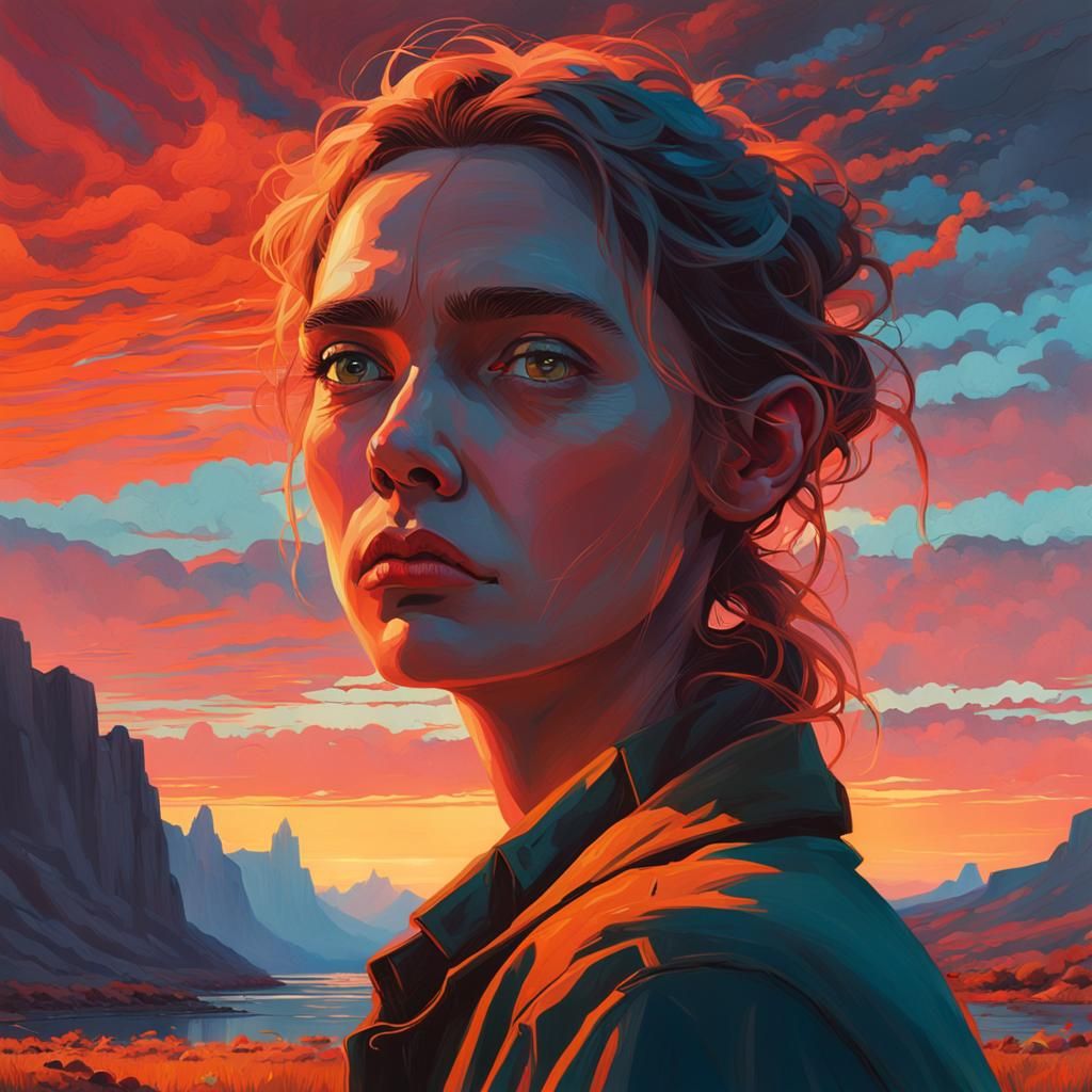 Longing Gaze Amidst Sunset Hues: Digital Art Portrait