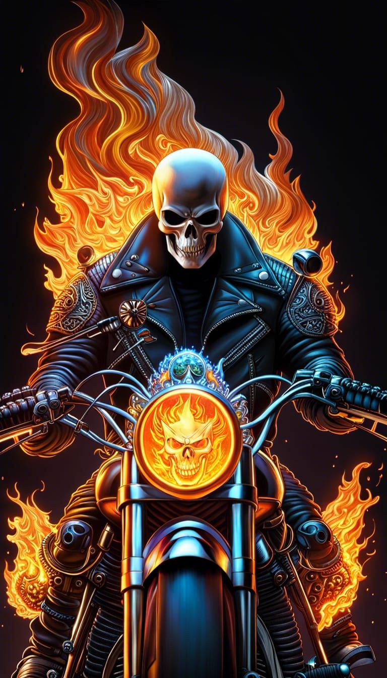 Ghost Rider on Flaming Motorcycle: 3D Hyperrealistic Art