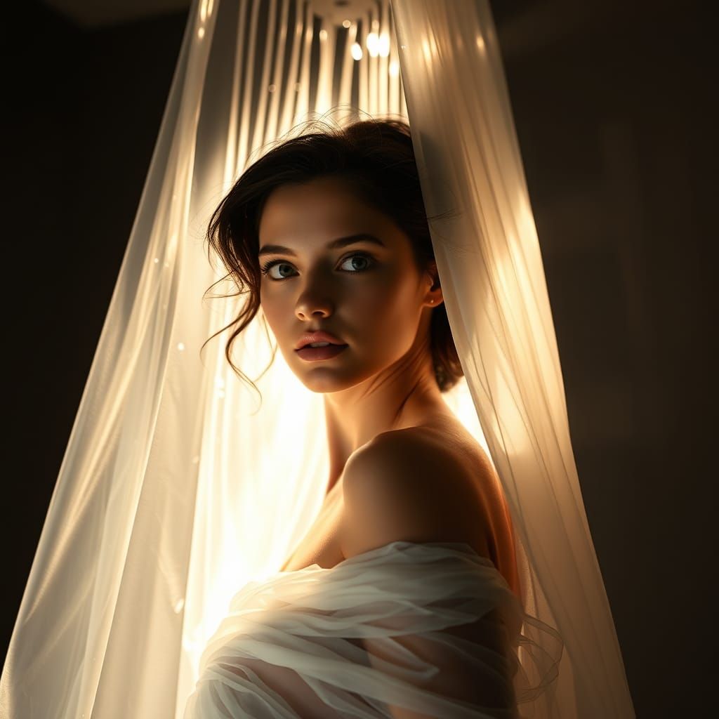 Woman in Shower with Dramatic Lighting