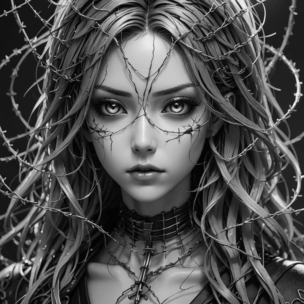 Barbed Wire Woman: Gothic Anime Art in Black and White