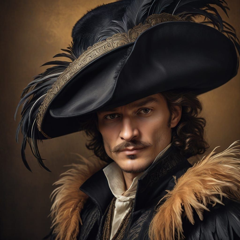 a fine black musketeer hat with ostrich feathers and a thin ...