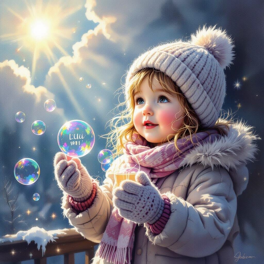 Child with Soap Bubbles in Ethereal Gouache Painting