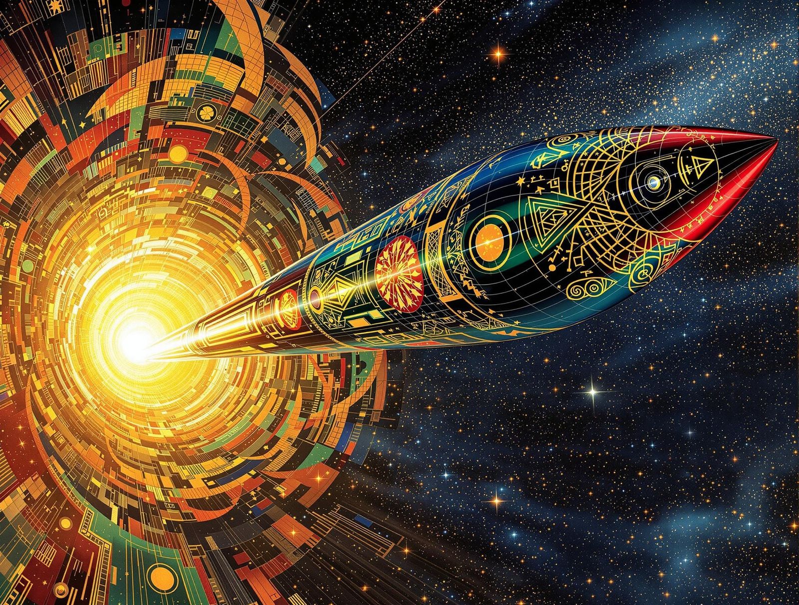 Cyberpunk Starship in Cosmic Vortex