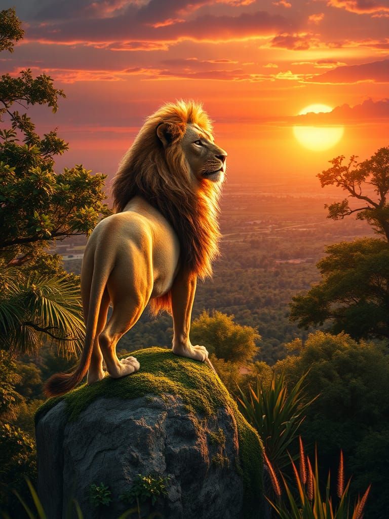 Majestic Lion in Jungle Sunset: Cinematic Digital Painting