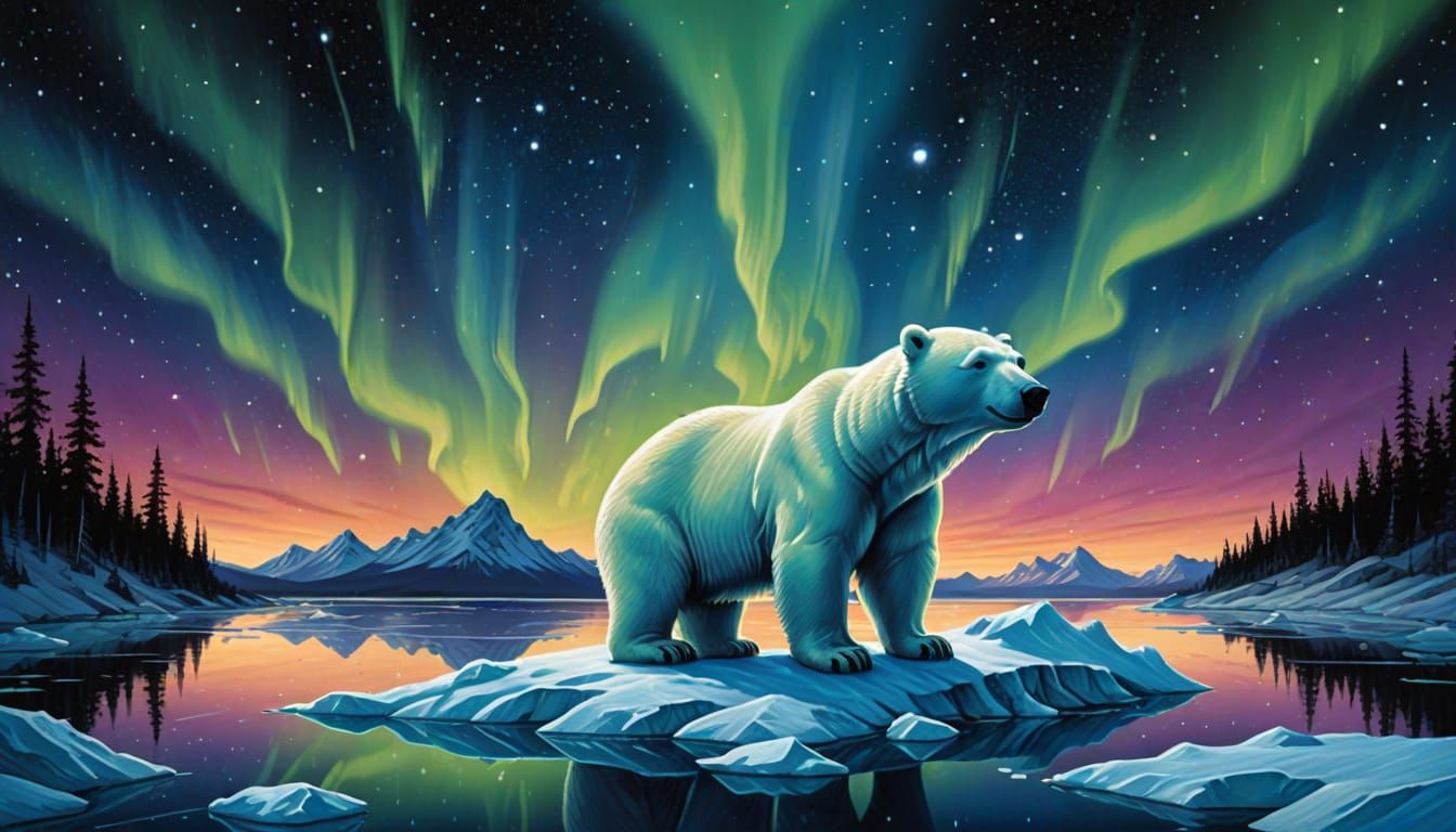 Whimsical Polar Bear Seated on Ice Floe Gazing at Night Sky