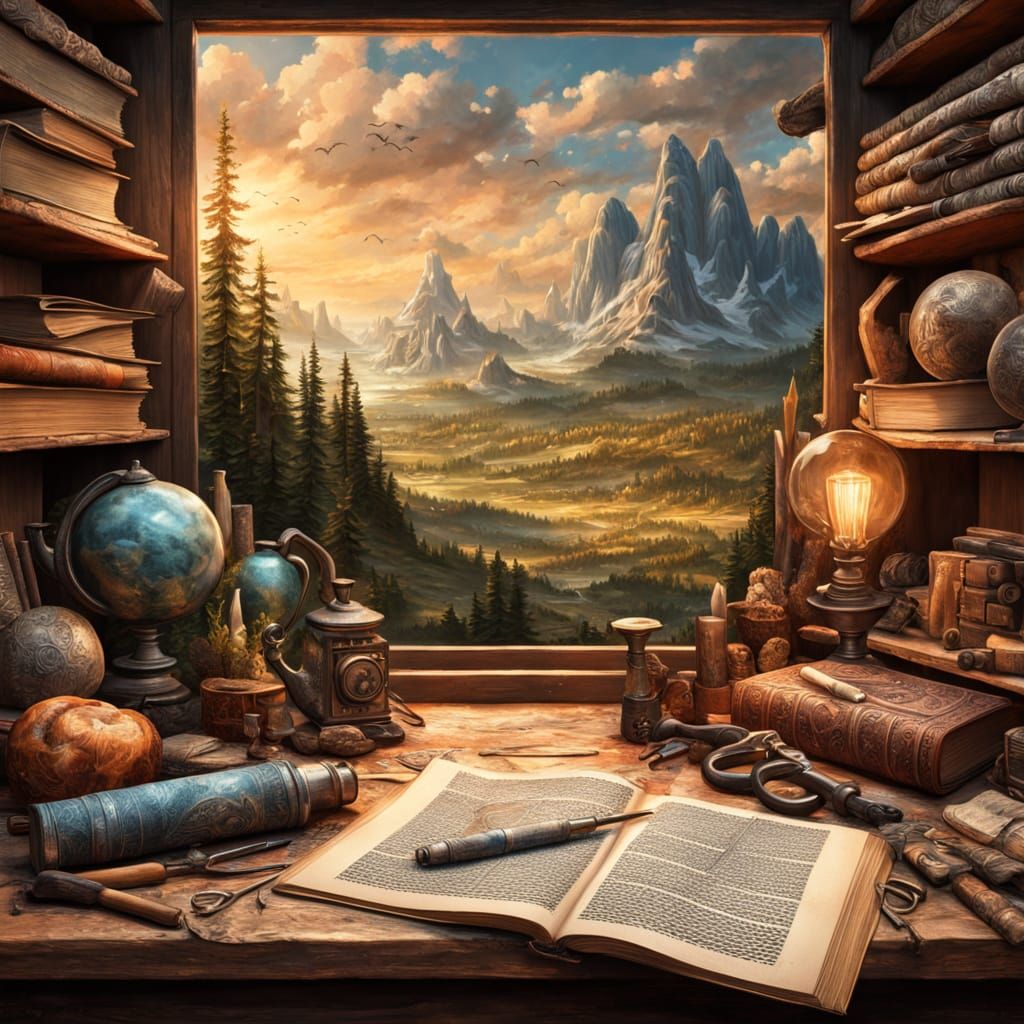 Creative Tools on Rustic Table, Digital Matte Painting