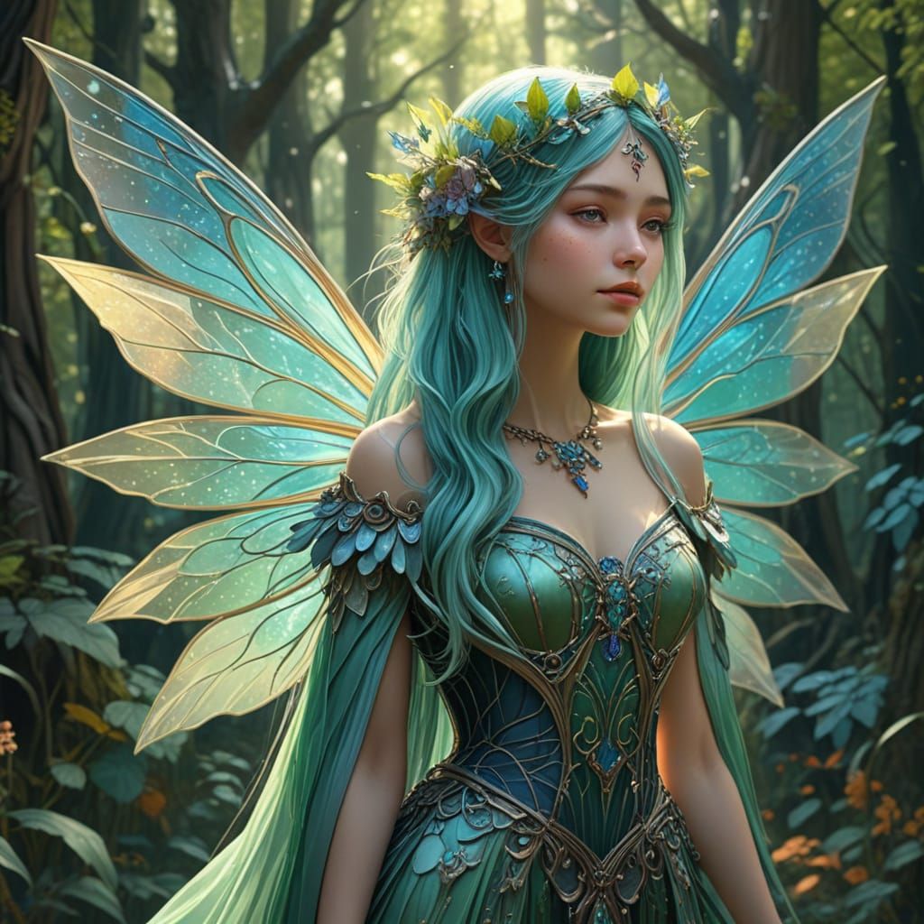 Ethereal Fairy in Magical Forest with Stained Glass Dress