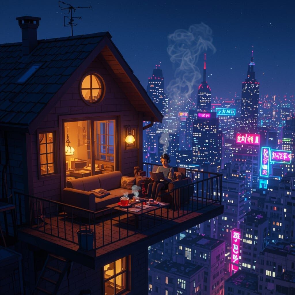 Cozy Balcony Overlooking Neon Cityscape