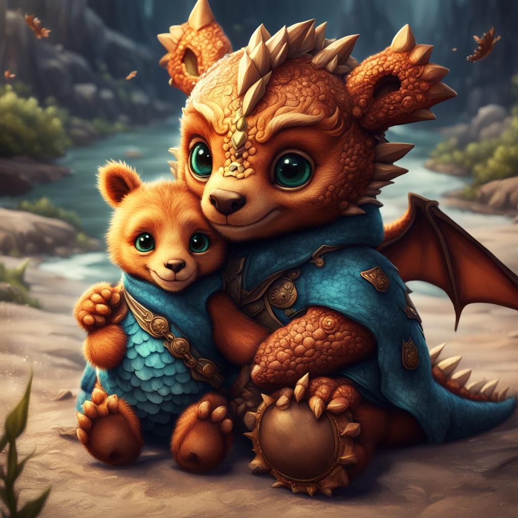 Baby Dragon with Teddy Bear: Fantasy Concept Art