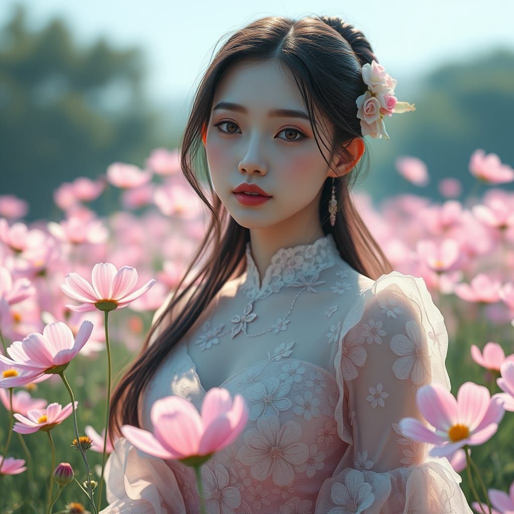 Serene Asian Woman in Flower-Draped Cosmos Landscape