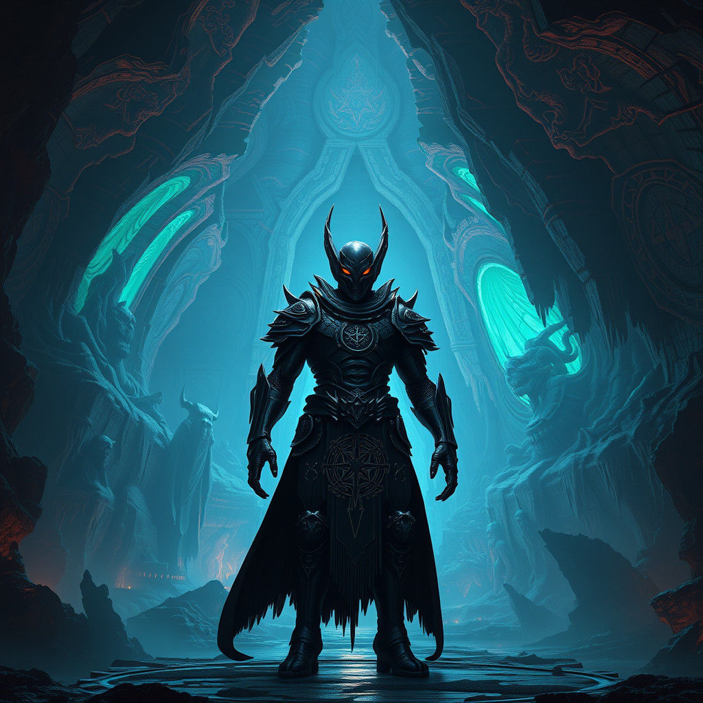 Alien Warrior in Bioluminescent Cavern, as Matte Painting