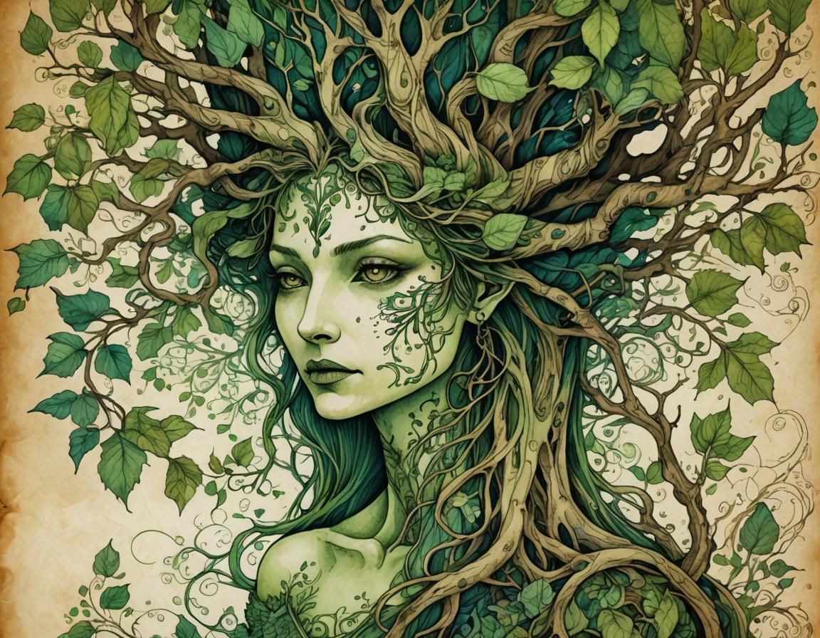 Gnarled Treant and Green Woman on Parchment