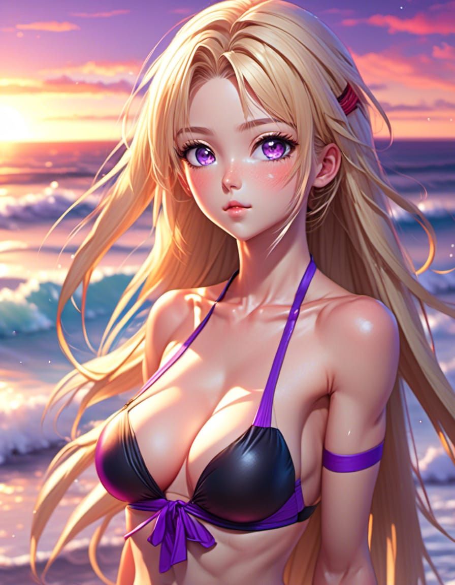 Anime Woman with Blonde Hair on Beach