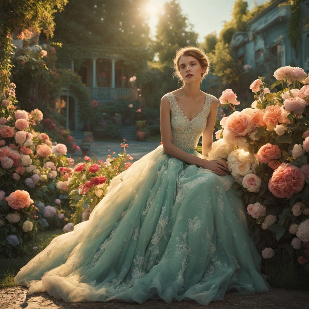 Ethereal Courtyard Goddess in Vibrant Floral Wonderland