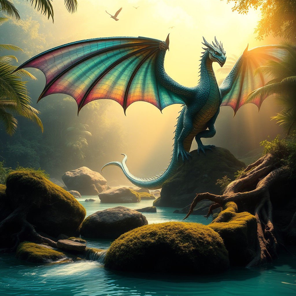 Iridescent Quetzalcoatl Dragon Over Tropical Rainforest