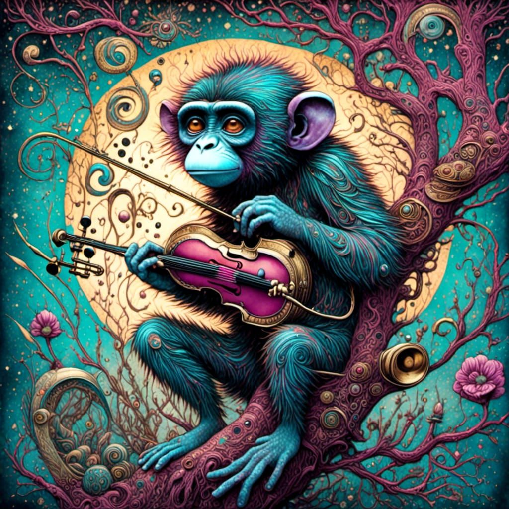 Funky Monkey Trombone Player in Surreal Ink Illustration